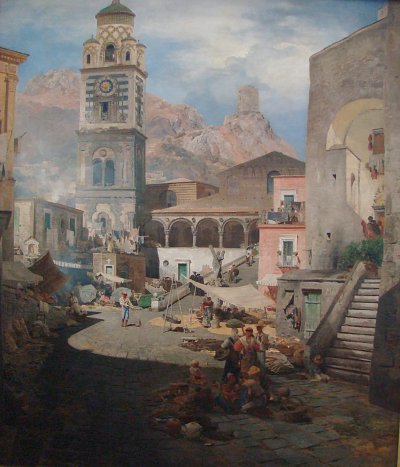 Marktplatz Amalfi von Oswald Achenbach als Kunstdruck auf Leinwand
