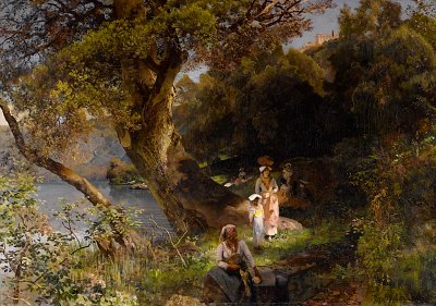 Mediterrane Waldlandschaft mit Figuren von Oswald Achenbach als Kunstdruck auf Leinwand