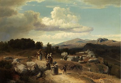 Sonntagsspaziergang in der roemischen Landschaft von Oswald Achenbach als Kunstdruck auf Leinwand
