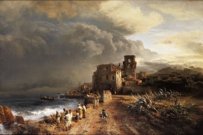 Verschattete Landschaft am Meer mit Figurenstaffage von Oswald Achenbach als Kunstdruck auf Leinwand
