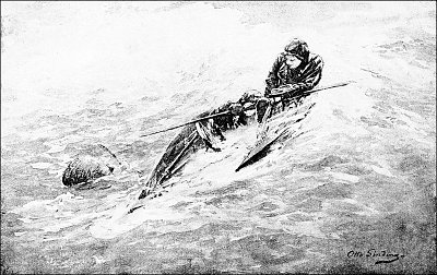 A kayak man rescuing a comrade von Otto Sinding als Kunstdruck auf Leinwand