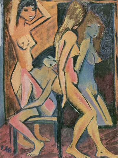 Drei Akte vor dem Spiegel von Otto-Mueller als Kunstdruck auf Leinwand