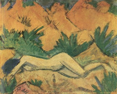 In Dünen liegender Akt von Otto-Mueller als Kunstdruck auf Leinwand