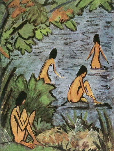 Landschaft mit Badenden von Otto-Mueller als Kunstdruck auf Leinwand