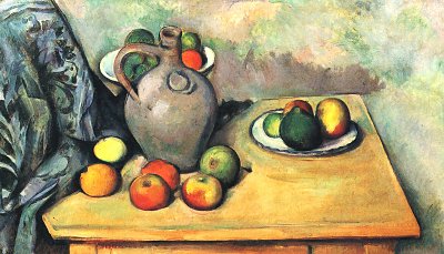 Stillleben Krug und Fruechte auf einem Tisch von Paul Cezanne als Kunstdruck auf Leinwand