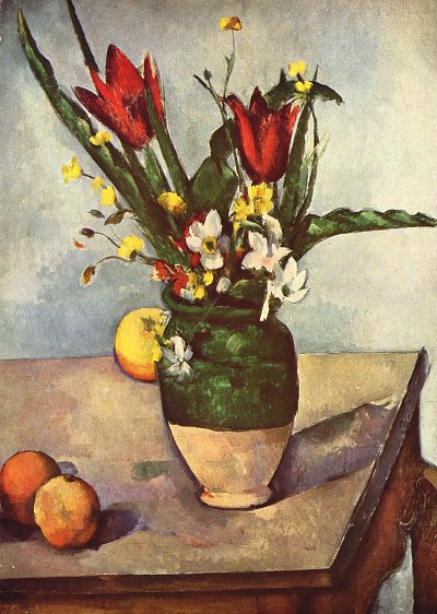 Stillleben Tulpen und aepfel von Paul Cezanne als Kunstdruck auf Leinwand