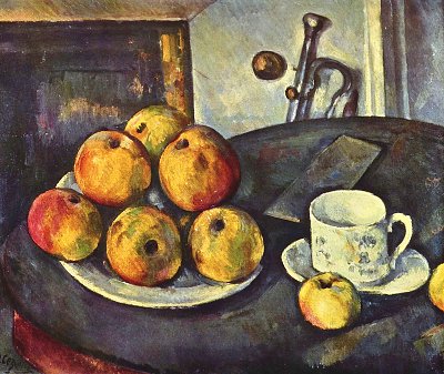 Stillleben mit Flasche und Apfelkorb 2 von Paul Cezanne als Kunstdruck auf Leinwand