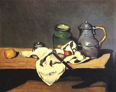 Stillleben mit gruenem Gefaess und Zinnkessel von Paul Cezanne als Kunstdruck auf Leinwand
