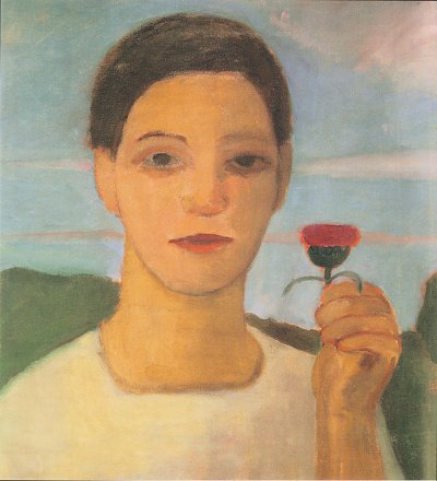 Bildnis der Schwester Herma mit Artischockenblüte in der erhobenen Hand von Paula-Modersohn-Becker als Kunstdruck auf Leinwand