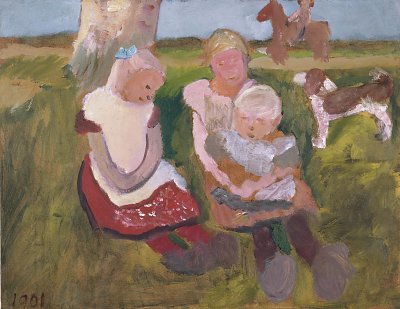 Drei Kinder an einem Hang sitzedn mit Hund und Pferd von Paula-Modersohn-Becker als Kunstdruck auf Leinwand