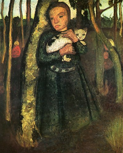 Mädchen mit Katze im Birkenwald von Paula-Modersohn-Becker als Kunstdruck auf Leinwand
