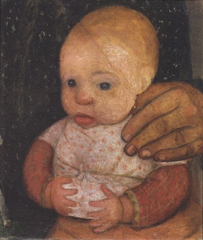 Säugling mit der Hand der Mutter von Paula Modersohn Becker als Kunstdruck auf Leinwand