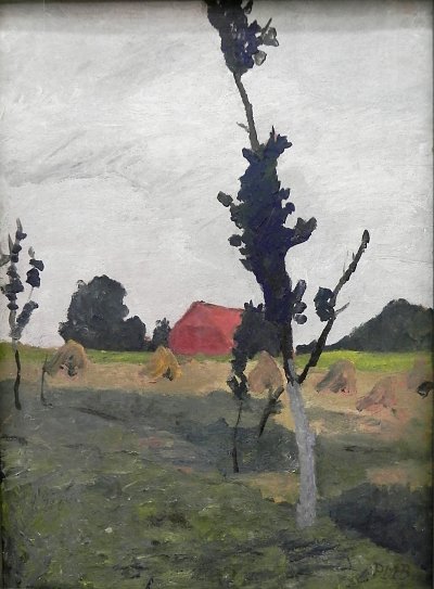 Worpsweder Landschaft mit rotem Haus von Paula Modersohn Becker als Kunstdruck auf Leinwand