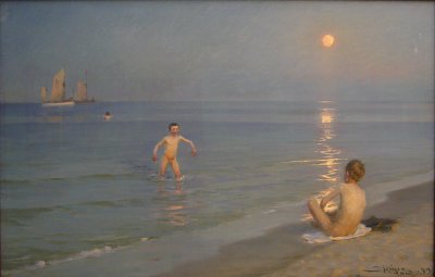Boys bathing in Skagen summer evening von Peder Severin Kroyer als Kunstdruck auf Leinwand