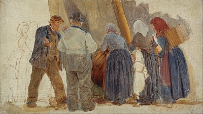 Morning at Hornbæk Men and women bargining von Peder Severin Kroyer als Kunstdruck auf Leinwand