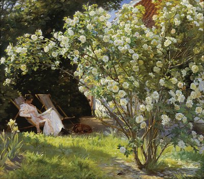 Roses Marie Krøyer seated in the deckchair in the garden by Mrs Bendsen s house von Peder Severin Kroyer als Kunstdruck auf Leinwand
