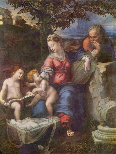 Familie unter der Eiche mit Johannes dem Taeufer von Raffael als Kunstdruck auf Leinwand