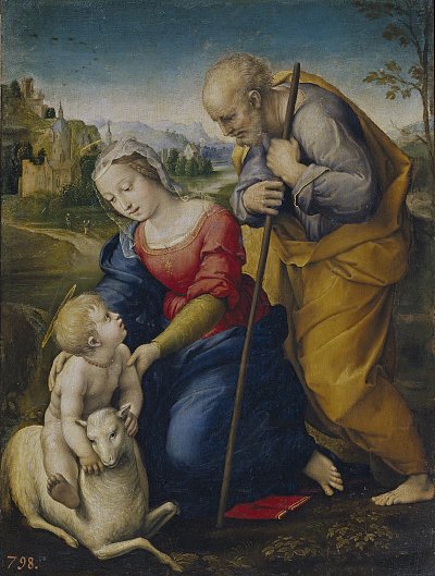 Hl Familie mit einem Lamm von Raffael als Kunstdruck auf Leinwand