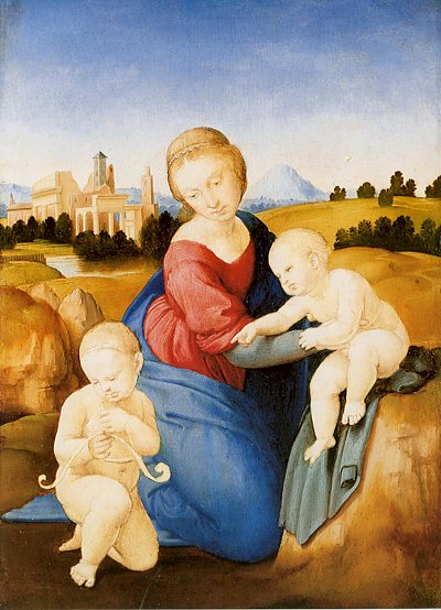 Maria mit Christuskind und Johannes dem Taeufer von Raffael als Kunstdruck auf Leinwand