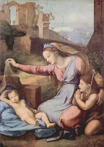 Maria und Johannes der Taeufer beten das schlafende Christuskind an von Raffael als Kunstdruck auf Leinwand