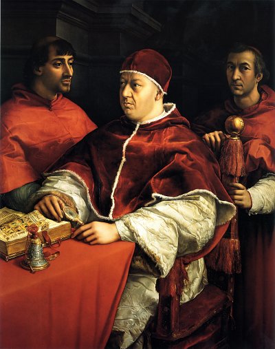 Portraet des Papstes Leo X mit seinen Vettern den Kardinaelen Giulio de Medici und Luigi de Rossi von Raffael als Kunstdruck auf Leinwand