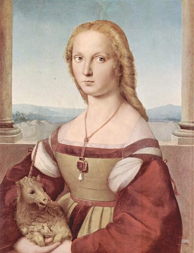 Portraet einer jungen Frau mit dem Einhorn von Raffael als Kunstdruck auf Leinwand