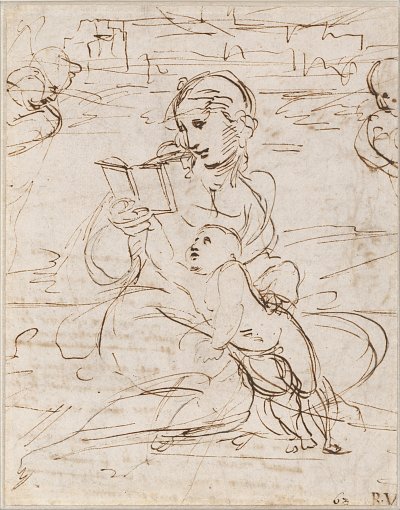 Reading Madonna and Child in a Landscape betweem two Cherub Heads von Raffael als Kunstdruck auf Leinwand