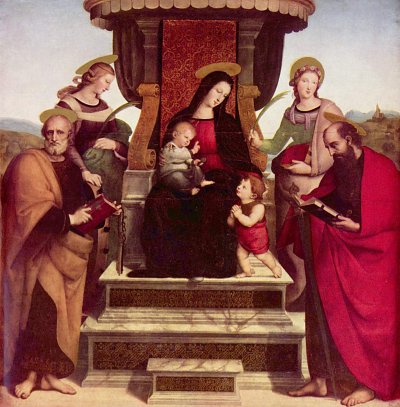 Thronende Maria mit Christuskind Johannes dem Taeufer als Kind rechts Hl Paulus und Margaritha links Hl Petrus und Hl Katharina von Alexandrien von Raffael als Kunstdruck auf Leinwand