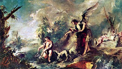 Tobias beim Fischen mit dem Erzenegel Raffael von Raffael als Kunstdruck auf Leinwand