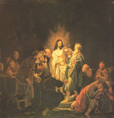Der unglaeubige Thomas 1 von Rembrandt als Kunstdruck auf Leinwand