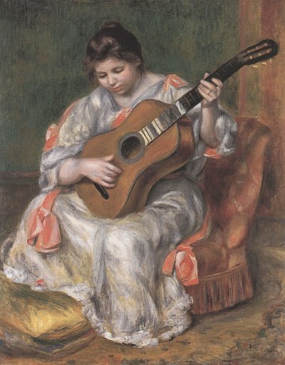 Frau spielt Gitarre von Renoir als Kunstdruck auf Leinwand