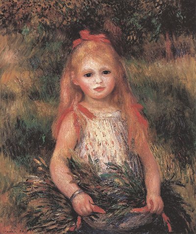 Kleines Maedchen traegt Blumen von Renoir als Kunstdruck auf Leinwand