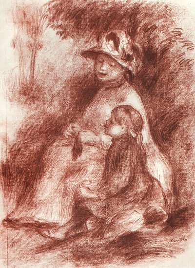Mutter mit Kind im Grase sitzend von Pierre-Auguste Renoir als Kunstdruck auf Leinwand