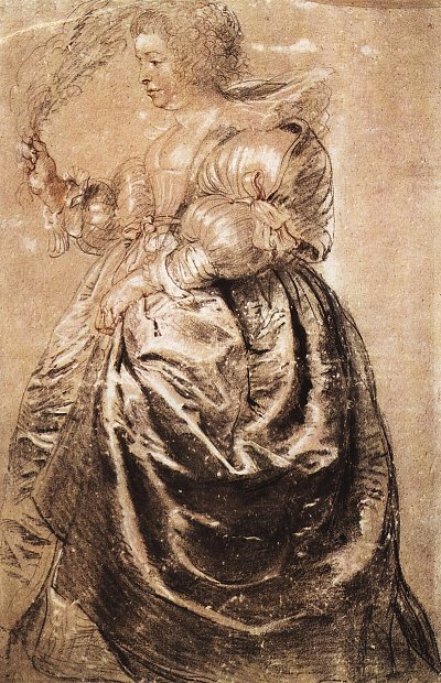 Junge Frau mit einem Straussenfaecher von Rubens als Kunstdruck auf Leinwand