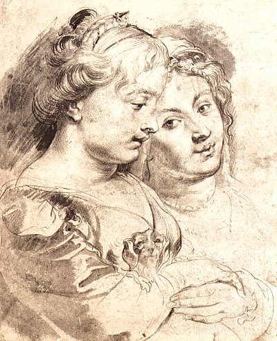 Zwei junge Frauen mit Hund von Rubens als Kunstdruck auf Leinwand