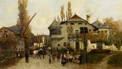 Orangenverkäuferinnen in Brixen von Theodor von Hörmann als Kunstdruck auf Leinwand