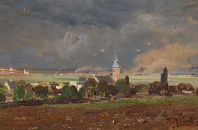 Dorflandschaft vor dem Unwetter von Tina Blau als Kunstdruck auf Leinwand