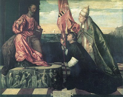 Der Bischof Jacopo Pesaro wird dem Hl Pierre durch Papst Alexander VI vorgestellt von Tizian als Kunstdruck auf Leinwand
