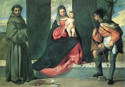 Die Jungfrau mit dem Kind und dem Hl Antonius von Padua und dem Hl Rochus von Tizian als Kunstdruck auf Leinwand