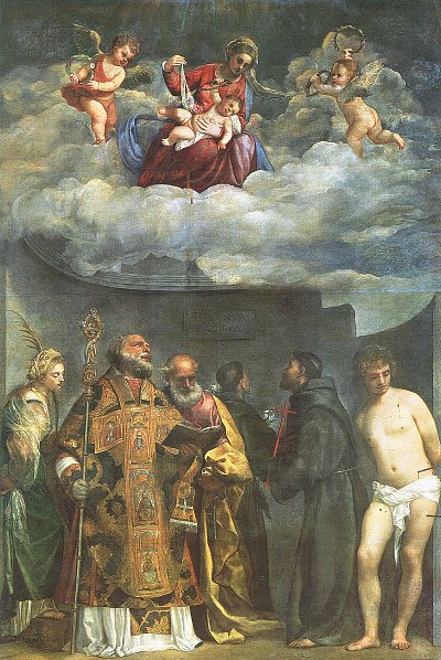 Die Madonna mit Kind und Heiligen von Tizian als Kunstdruck auf Leinwand