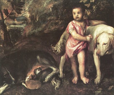 Kleiner Junge mit Hunden von Tizian als Kunstdruck auf Leinwand