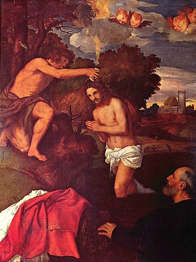 Taufe Christi mit dem Auftraggeber Giovanni Ram von Tizian als Kunstdruck auf Leinwand