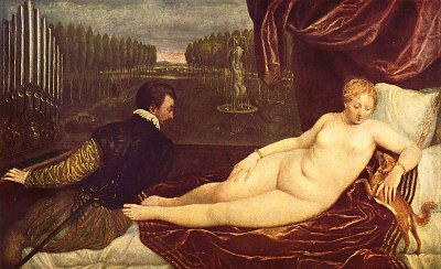 Venus und der Orgelspieler von Tizian als Kunstdruck auf Leinwand