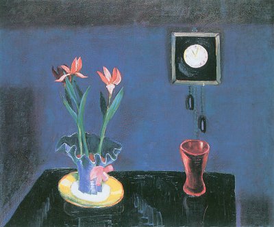 Stillleben mit Uhr und Tulpentopf von Walter Gramatte als Kunstdruck auf Leinwand