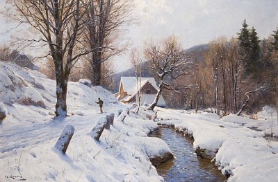 Romantische Winterlandschaft mit Skilaeufer von Walter Moras als Kunstdruck auf Leinwand