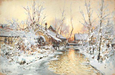 Verschneite Wassermuehle von Walter Moras als Kunstdruck auf Leinwand
