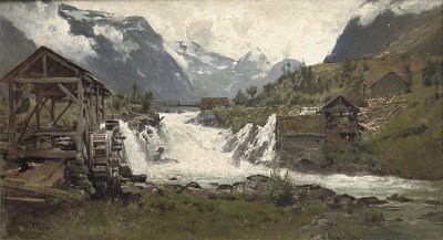 Wassermuehle in einer alpinen Landschaft von Walter Moras als Kunstdruck auf Leinwand