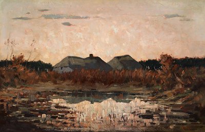 Katen mit Teichlandschaft von Walter Ophey als Kunstdruck auf Leinwand