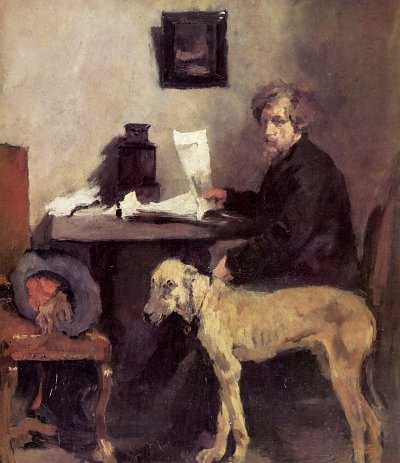 Porträt des Malers Sattler mit seiner Dogge von Wilhelm Leibl als Kunstdruck auf Leinwand
