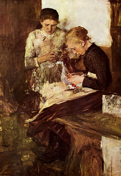 Strickende Mädchen auf der Ofenbank von Wilhelm Leibl als Kunstdruck auf Leinwand
